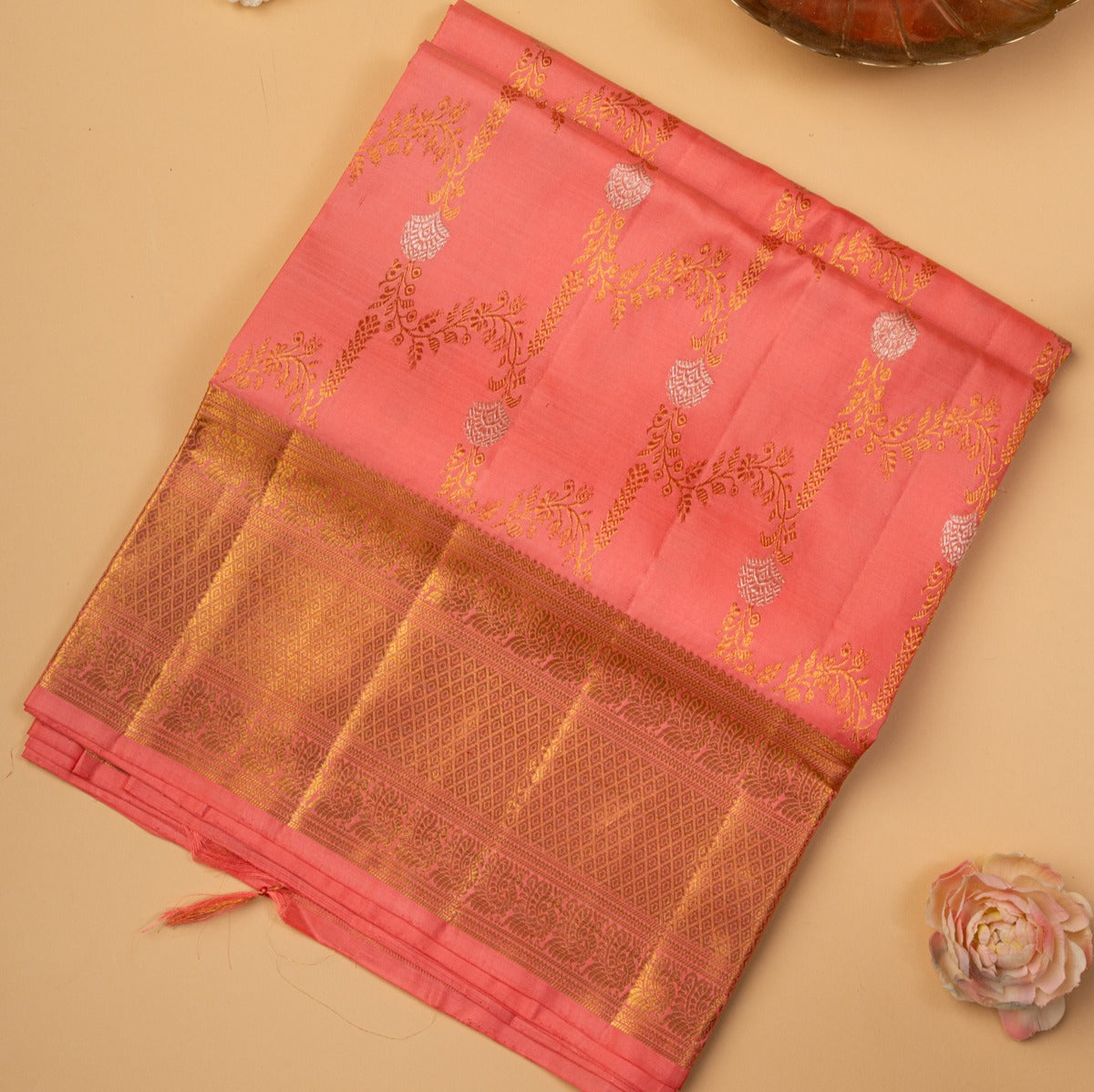 Kanchipuram Silk Jaal Peach Saree