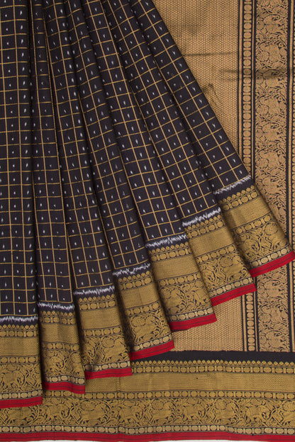 Kanchipuram Silk Checks And Ikat Black Saree