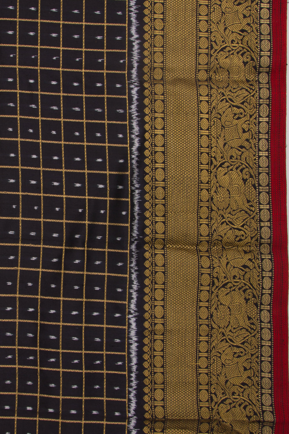 Kanchipuram Silk Checks And Ikat Black Saree