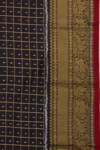Kanchipuram Silk Checks And Ikat Black Saree