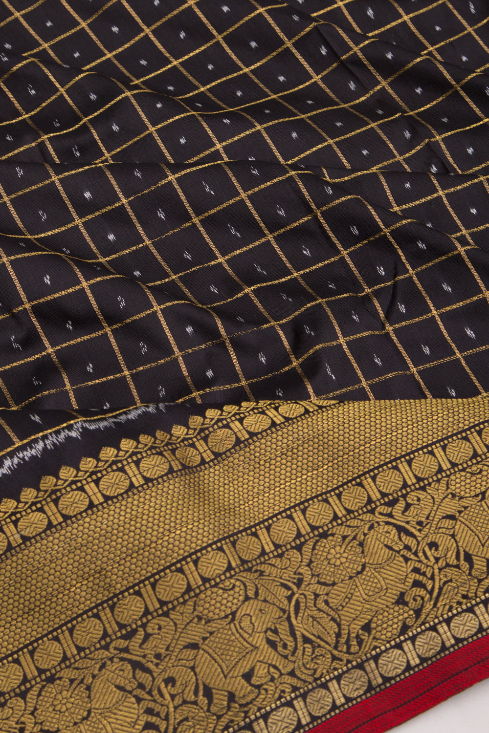 Kanchipuram Silk Checks And Ikat Black Saree