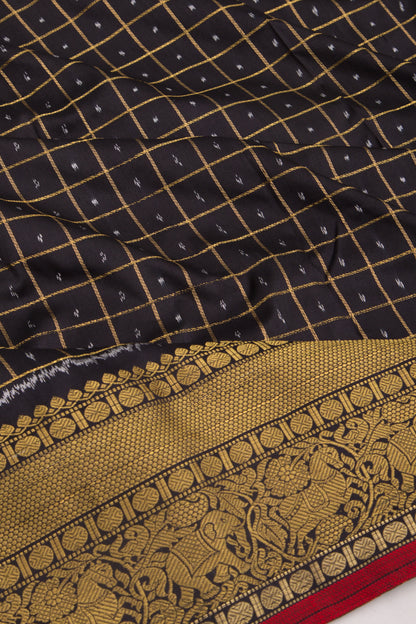 Kanchipuram Silk Checks And Ikat Black Saree