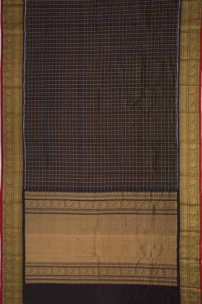 Kanchipuram Silk Checks And Ikat Black Saree