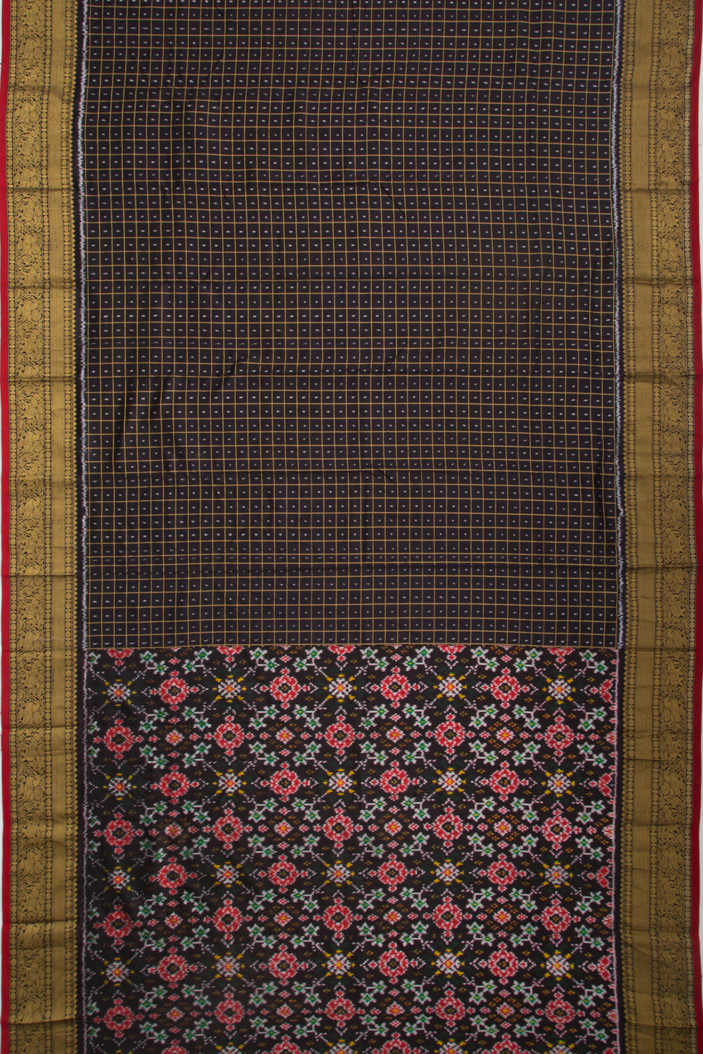 Kanchipuram Silk Checks And Ikat Black Saree