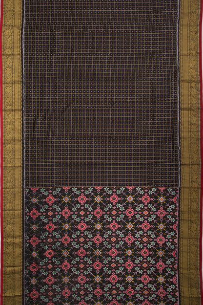 Kanchipuram Silk Checks And Ikat Black Saree