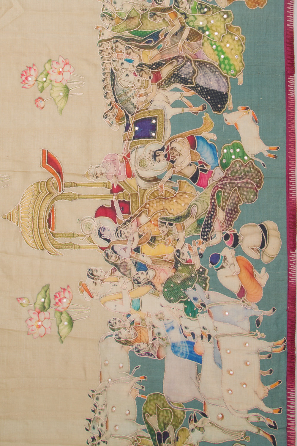 Tussar Embroidery And Pichwai Printed Beige Saree