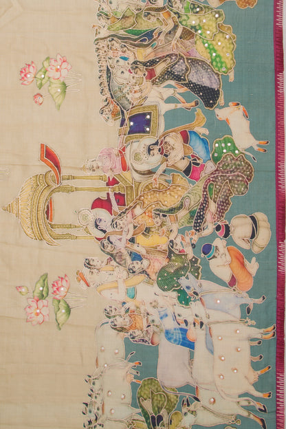 Tussar Embroidery And Pichwai Printed Beige Saree