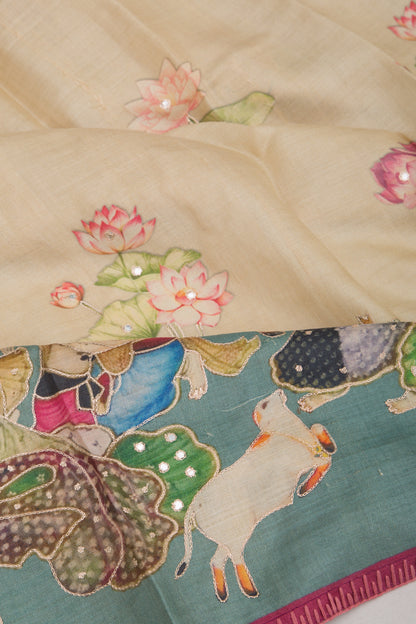 Tussar Embroidery And Pichwai Printed Beige Saree