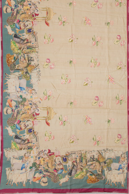 Tussar Embroidery And Pichwai Printed Beige Saree