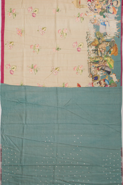 Tussar Embroidery And Pichwai Printed Beige Saree