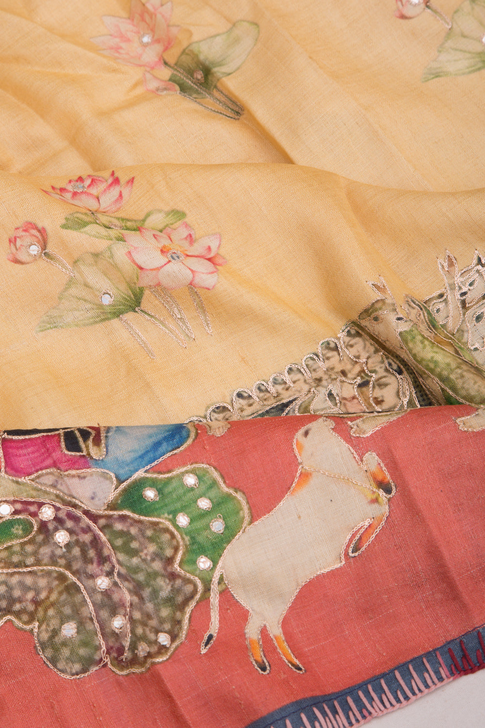 Tussar Embroidery And Pichwai Printed Pastel Yellow Saree