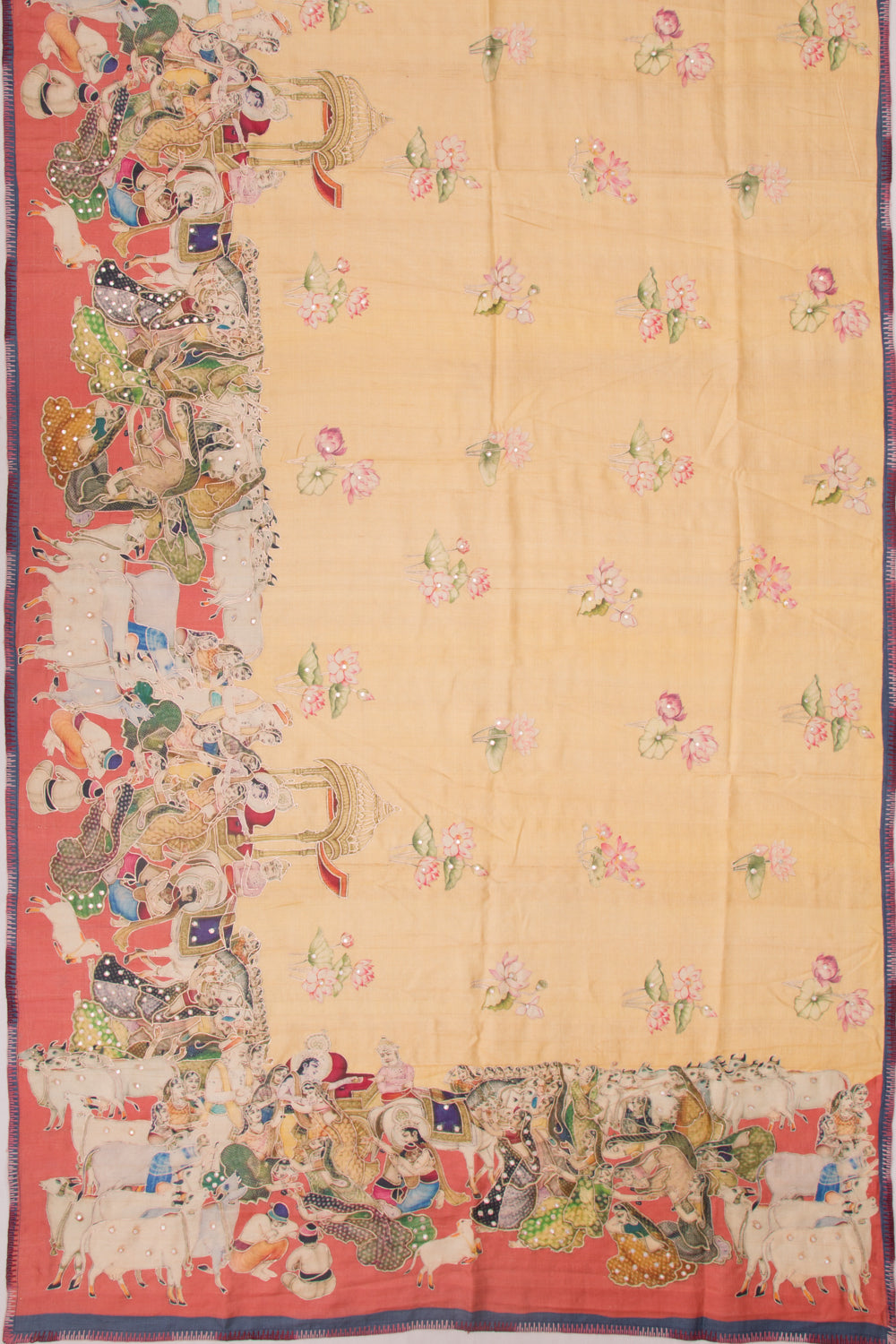 Tussar Embroidery And Pichwai Printed Pastel Yellow Saree