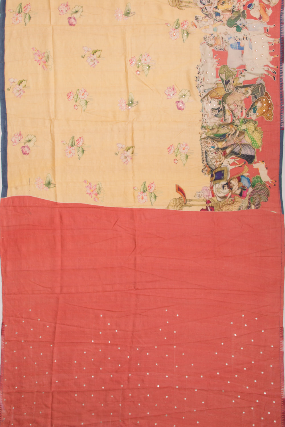 Tussar Embroidery And Pichwai Printed Pastel Yellow Saree