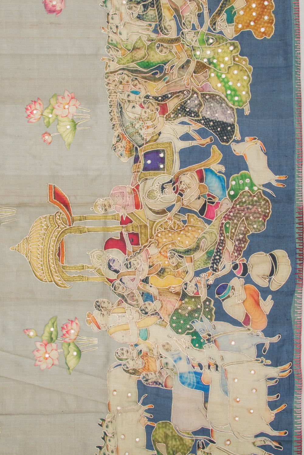 Tussar Embroidery And Pichwai Printed Grey Saree