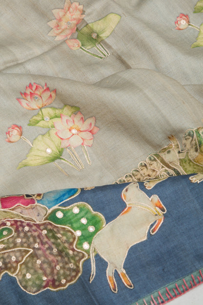 Tussar Embroidery And Pichwai Printed Grey Saree