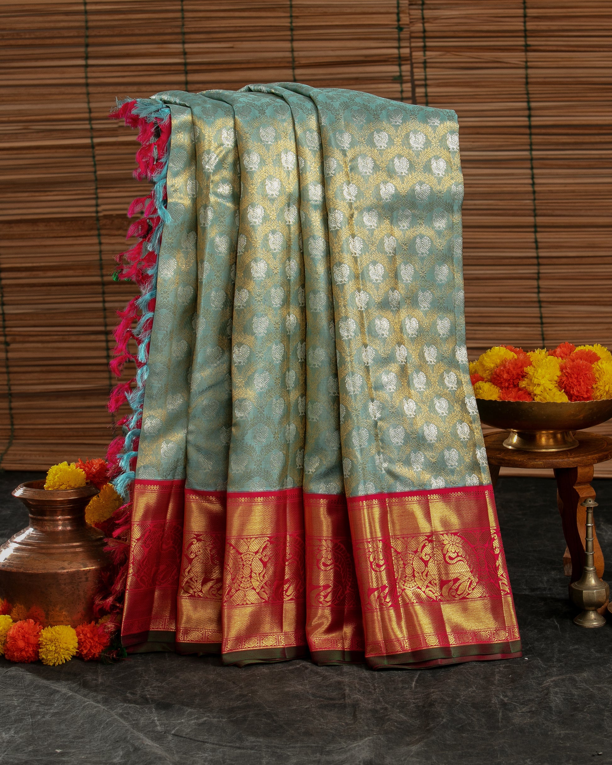 Kanchipuram Silk Tissue Jaal Pastel Blue Saree