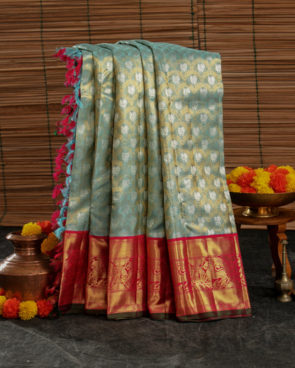 Kanchipuram Silk Tissue Jaal Pastel Blue Saree