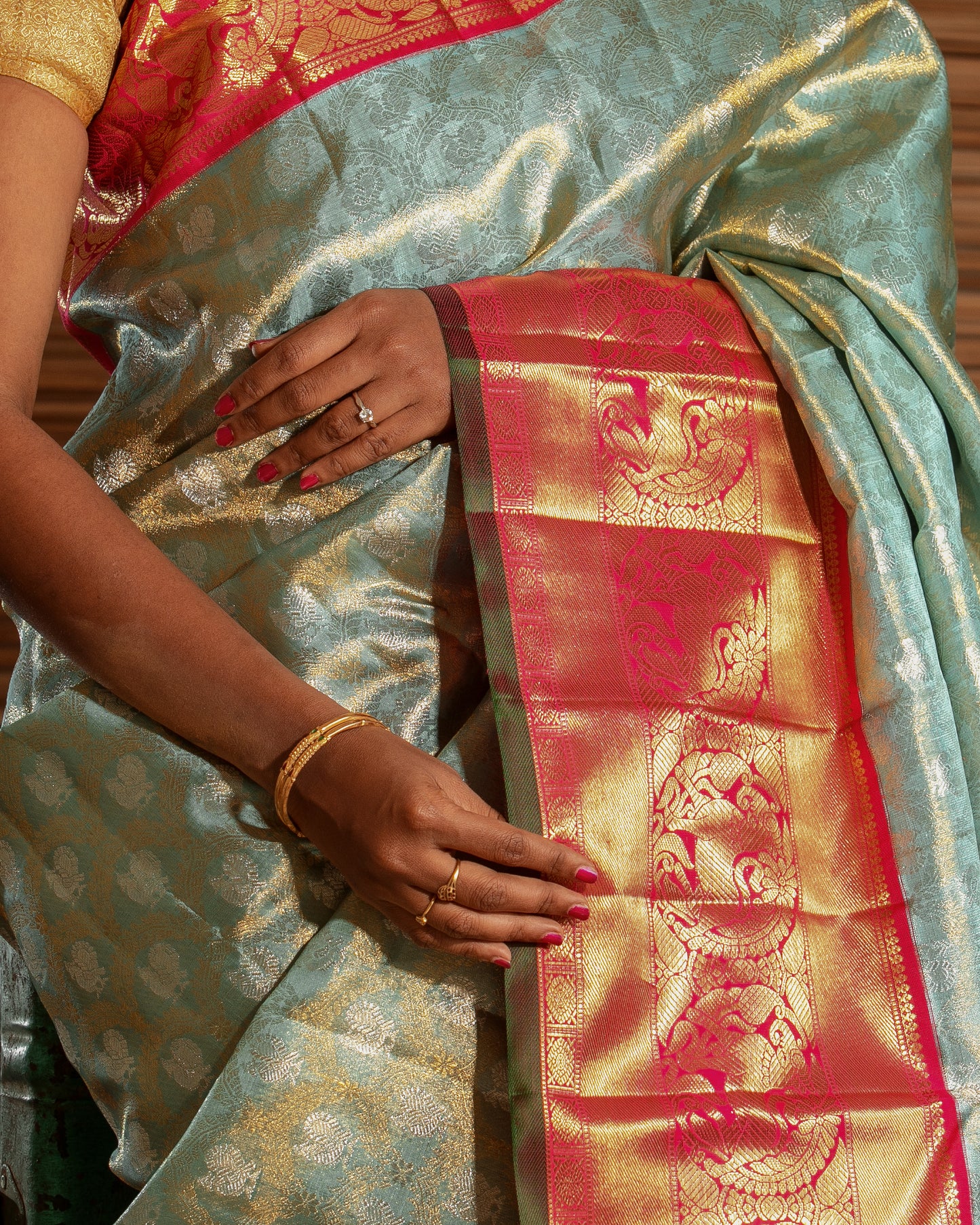 Kanchipuram Silk Tissue Jaal Pastel Blue Saree