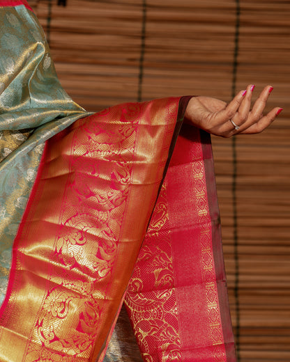 Kanchipuram Silk Tissue Jaal Pastel Blue Saree