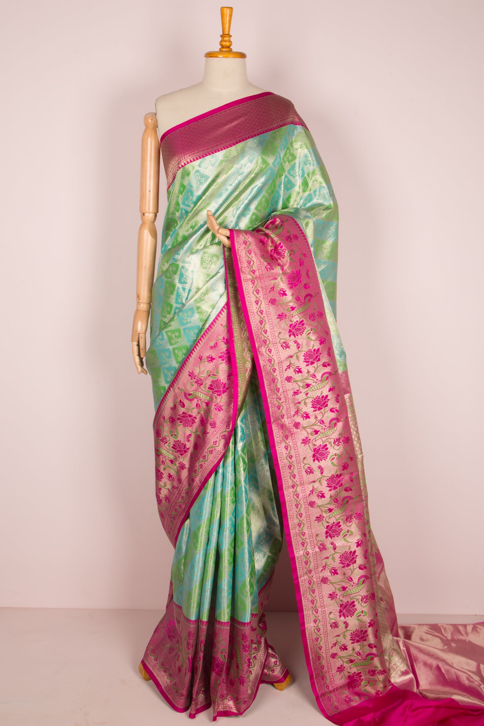 Taranga Kanchi Silk Tissue Brocade Green And Sky Blue Saree
