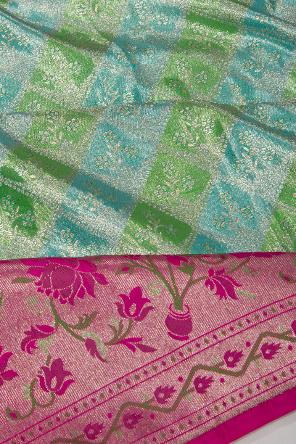 Taranga Kanchi Silk Tissue Brocade Green And Sky Blue Saree