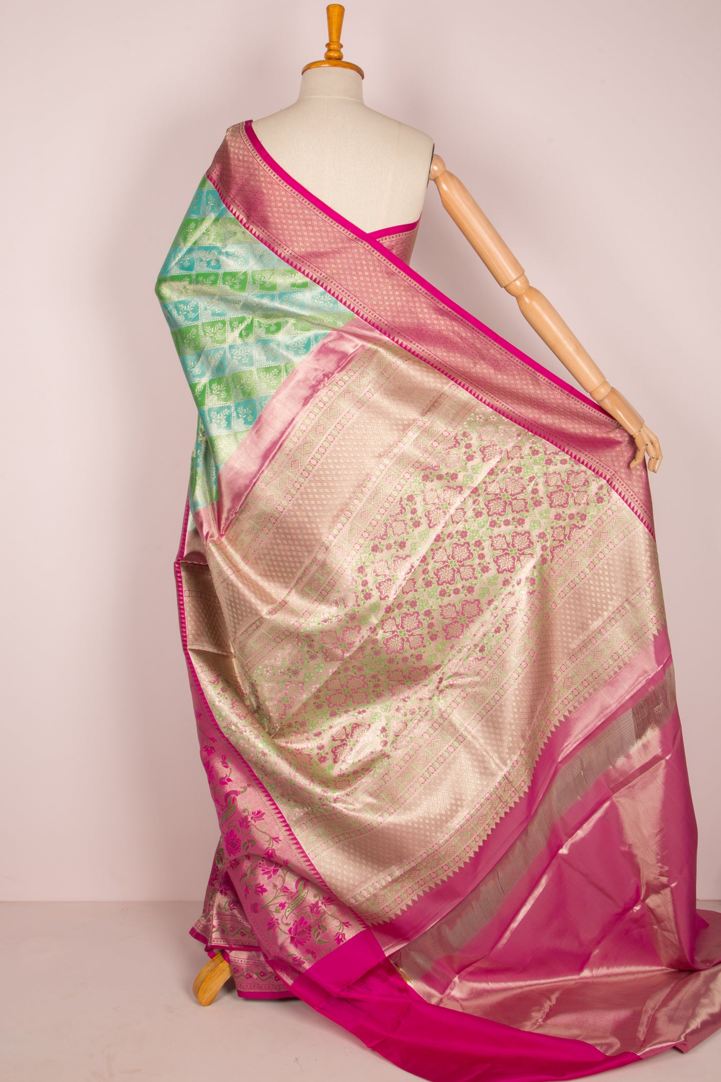 Taranga Kanchi Silk Tissue Brocade Green And Sky Blue Saree
