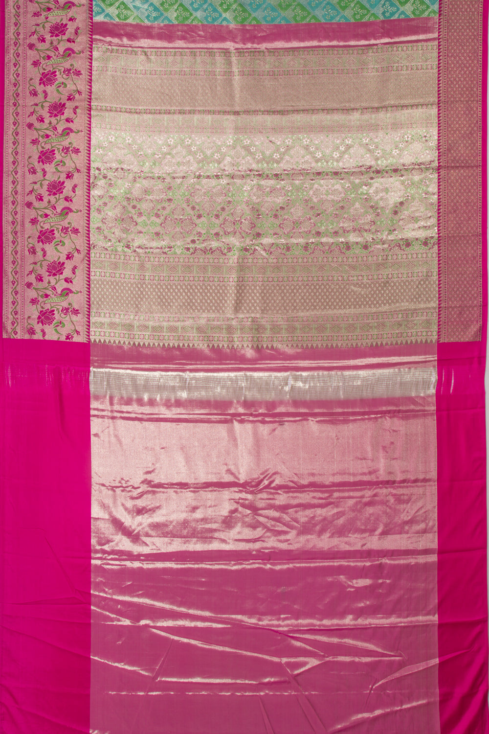 Taranga Kanchi Silk Tissue Brocade Green And Sky Blue Saree