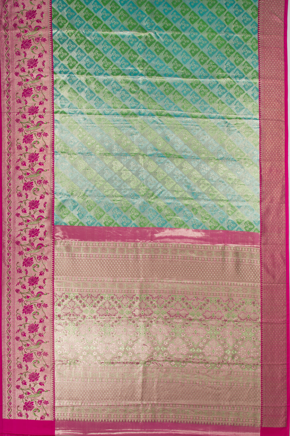 Taranga Kanchi Silk Tissue Brocade Green And Sky Blue Saree