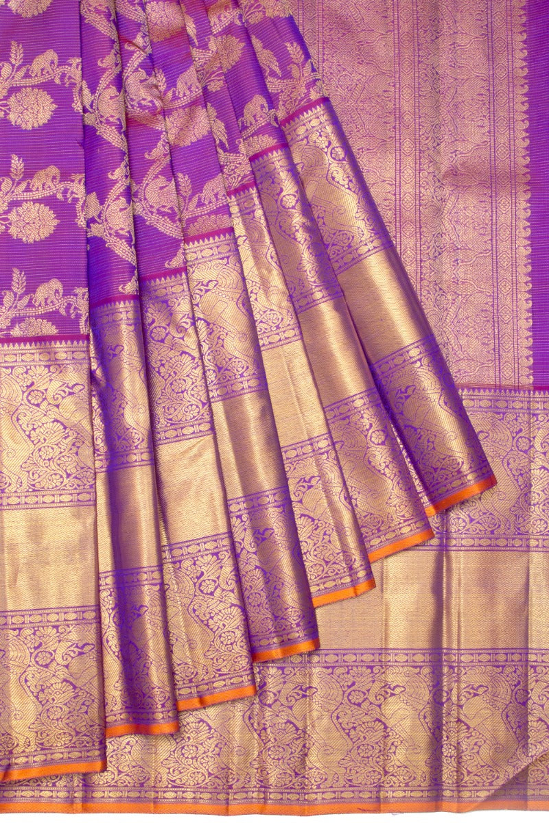 Kanchipuram Silk Oosi Lines And Jaal Purple Saree
