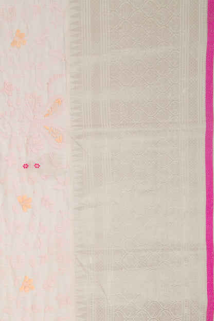 Linen Floral Embroidery Baby Pink Saree