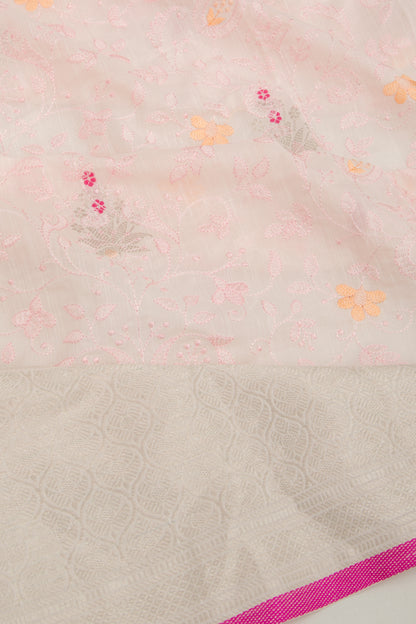 Linen Floral Embroidery Baby Pink Saree