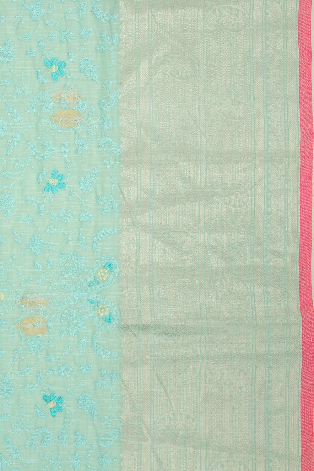 Linen Floral Embroidery Sky Blue Saree