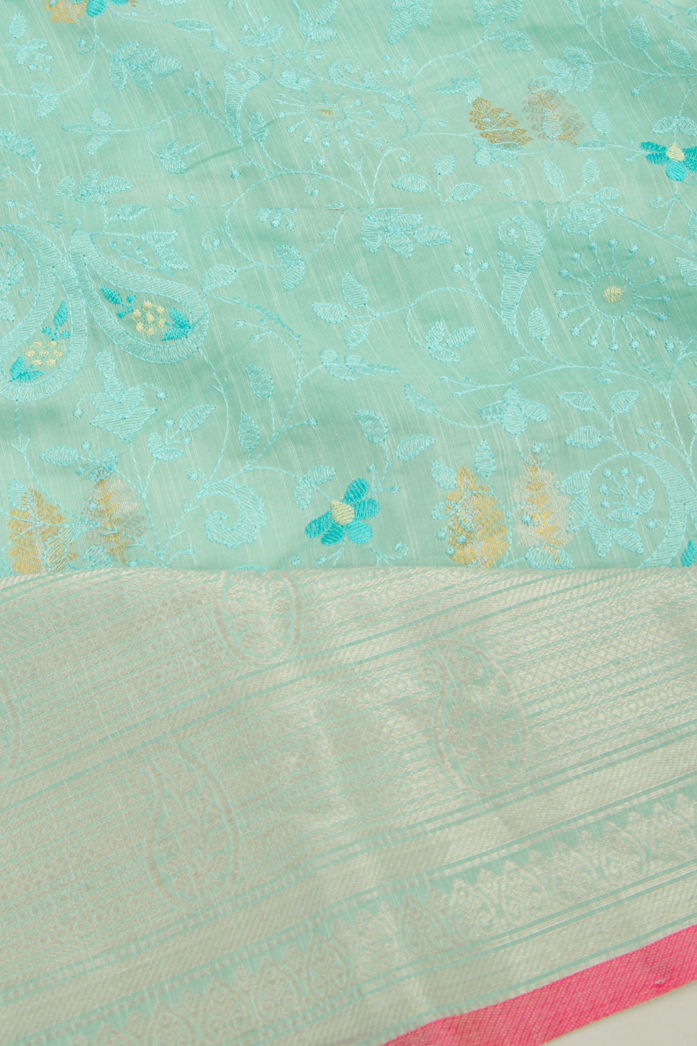 Linen Floral Embroidery Sky Blue Saree