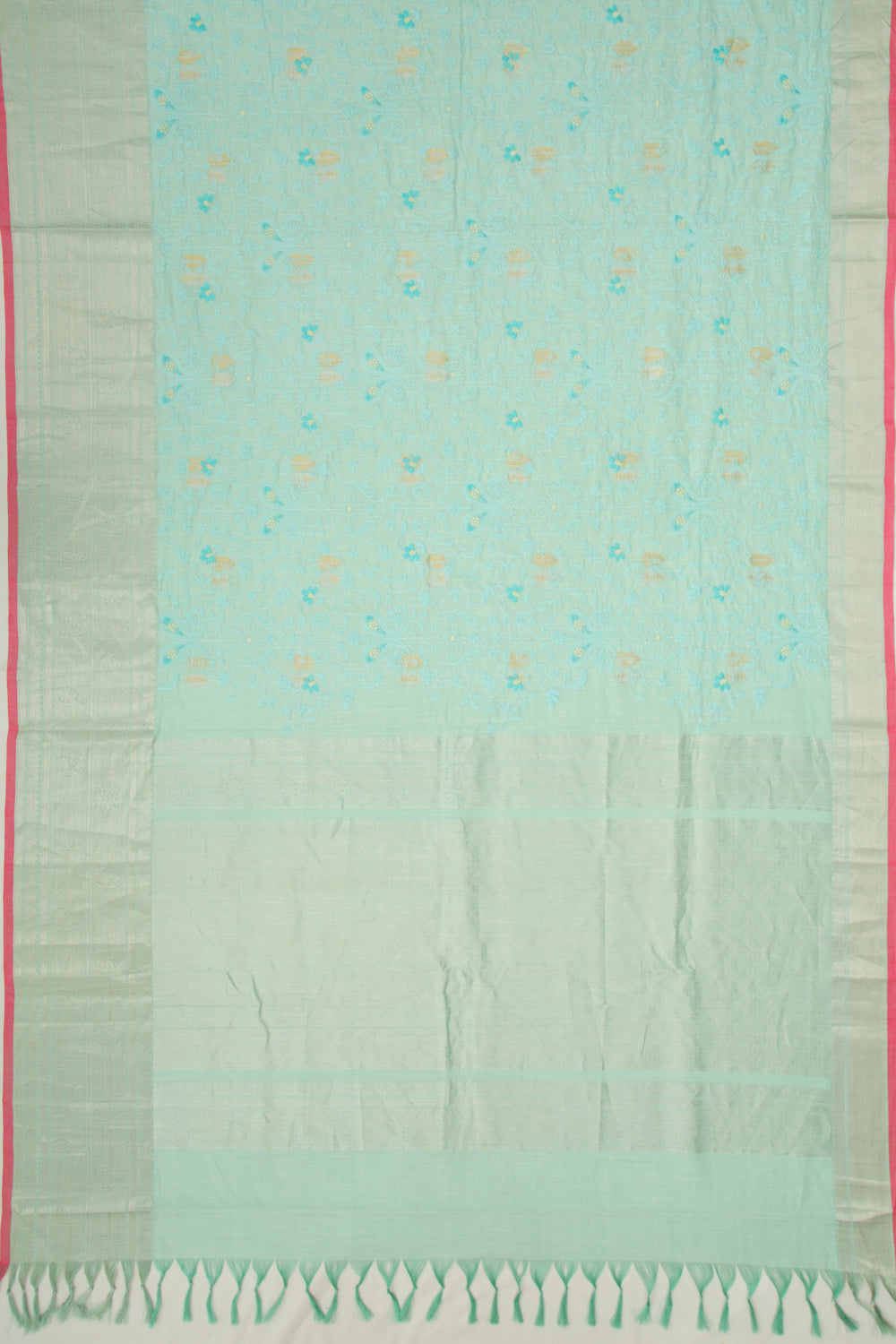 Linen Floral Embroidery Sky Blue Saree