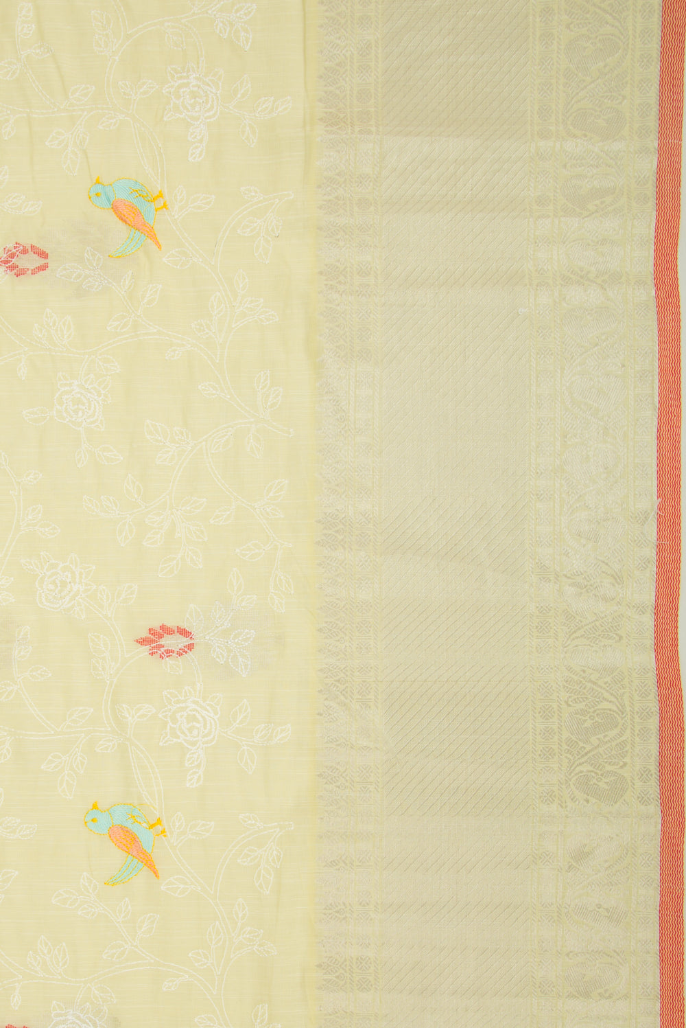 Linen Floral Embroidery Pastel Yellow Saree