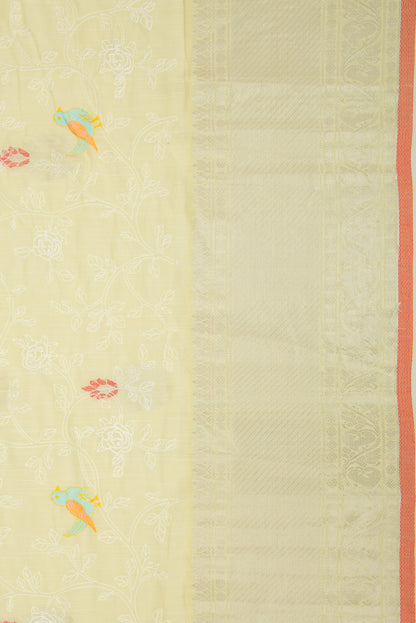 Linen Floral Embroidery Pastel Yellow Saree