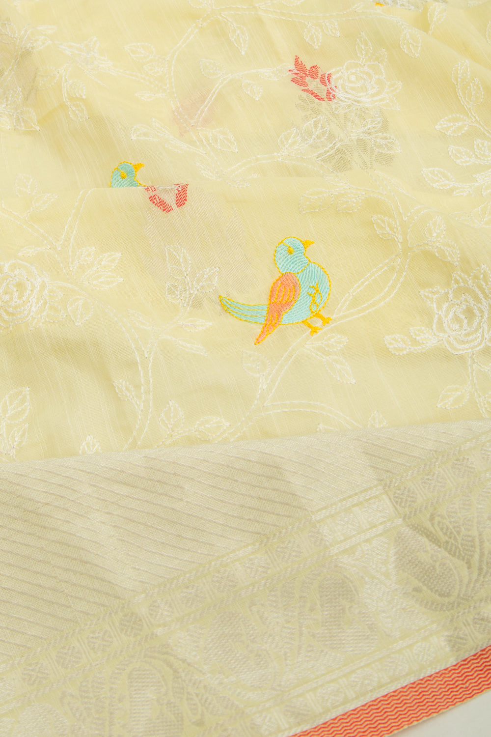 Linen Floral Embroidery Pastel Yellow Saree