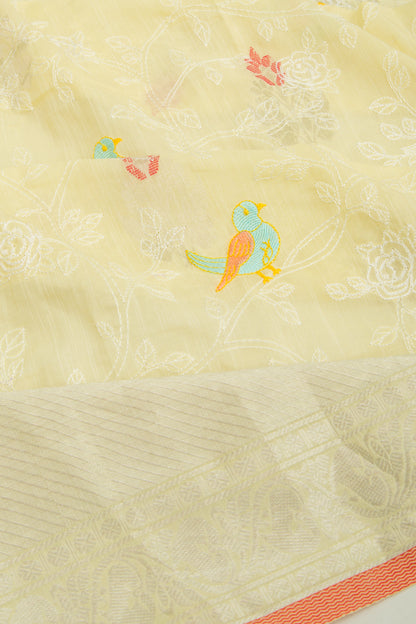 Linen Floral Embroidery Pastel Yellow Saree