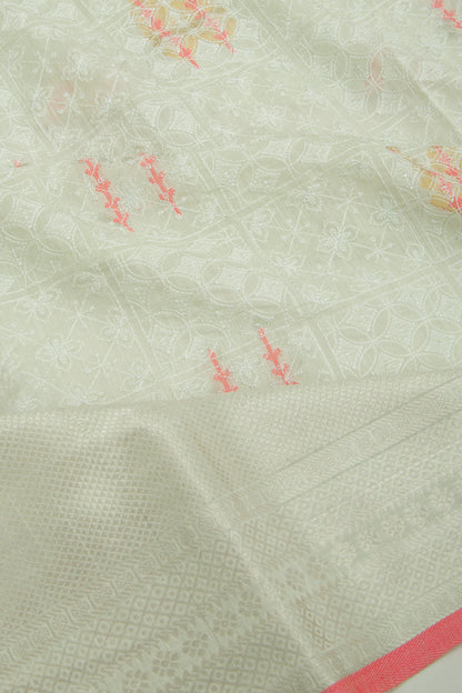 Linen Floral Embroidery Pastel Green Saree