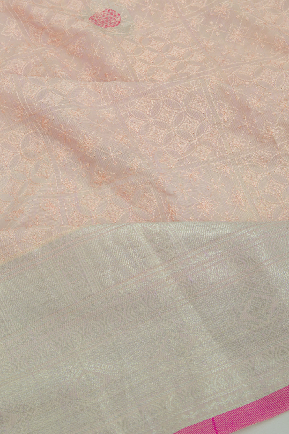 Linen Floral Embroidery Pastel Orange Saree