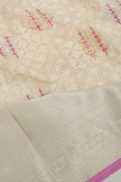 Linen Floral Embroidery Cream Saree