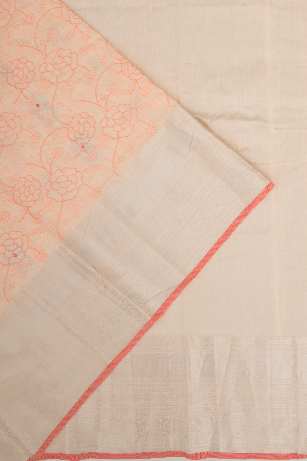 Linen Floral Embroidery Pastel Orange Saree
