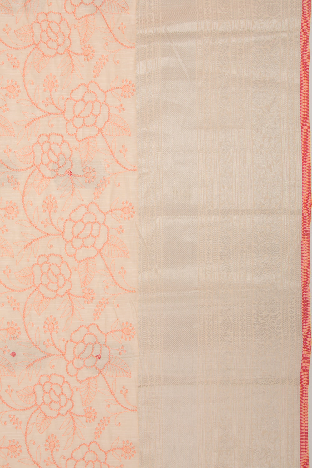 Linen Floral Embroidery Pastel Orange Saree