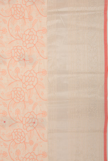Linen Floral Embroidery Pastel Orange Saree