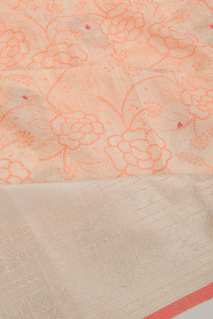 Linen Floral Embroidery Pastel Orange Saree