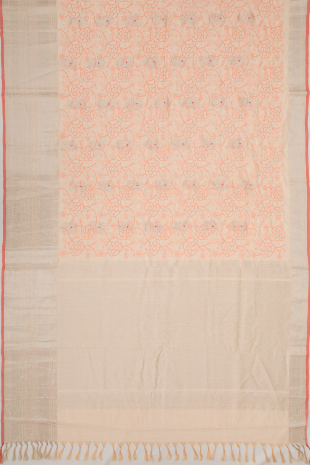 Linen Floral Embroidery Pastel Orange Saree