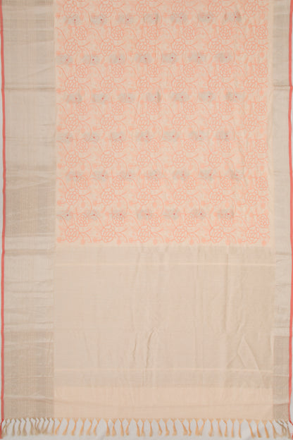 Linen Floral Embroidery Pastel Orange Saree