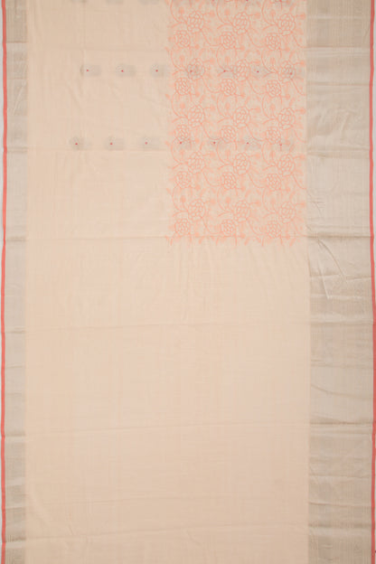 Linen Floral Embroidery Pastel Orange Saree