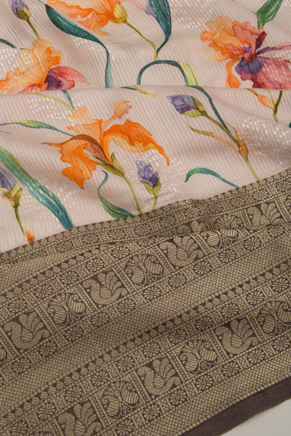 Chanderi Silk Floral Printed And Embroidery Peach Saree