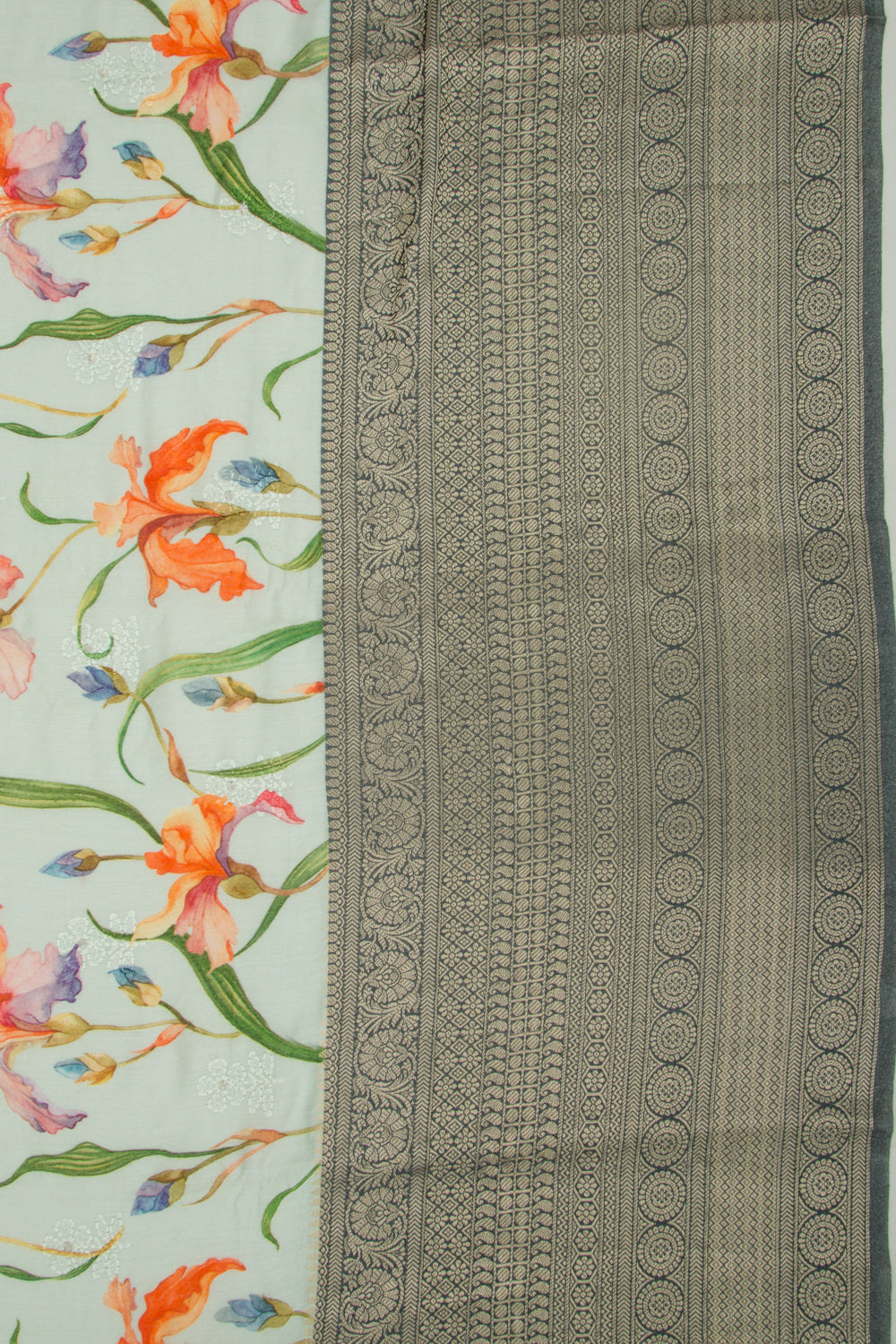 Chanderi Silk Floral Printed And Embroidery Pastel Blue Saree